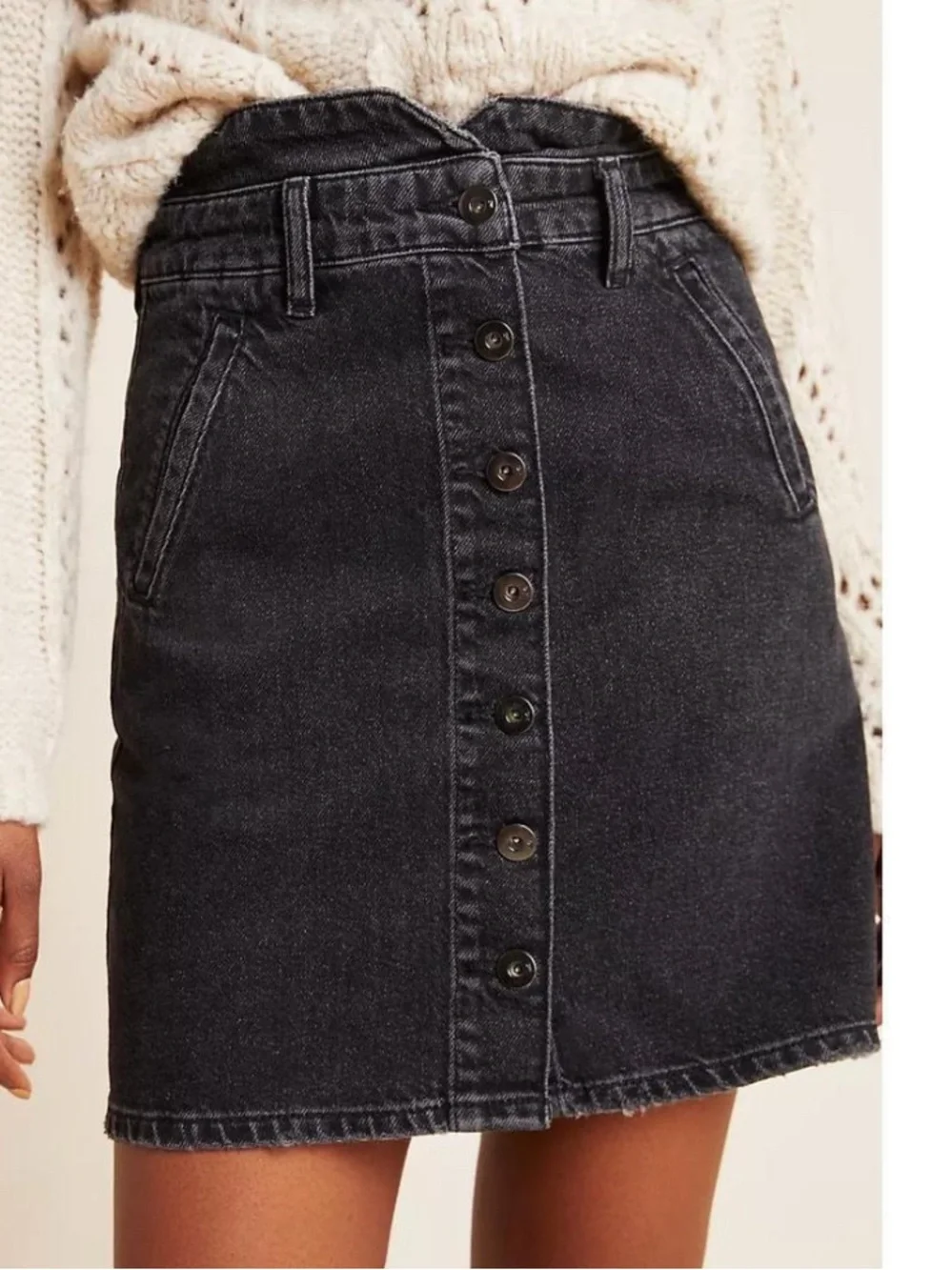 Pilcro and the Letterpress Anthropologie Black Denim Button Front Mini Skirt 8